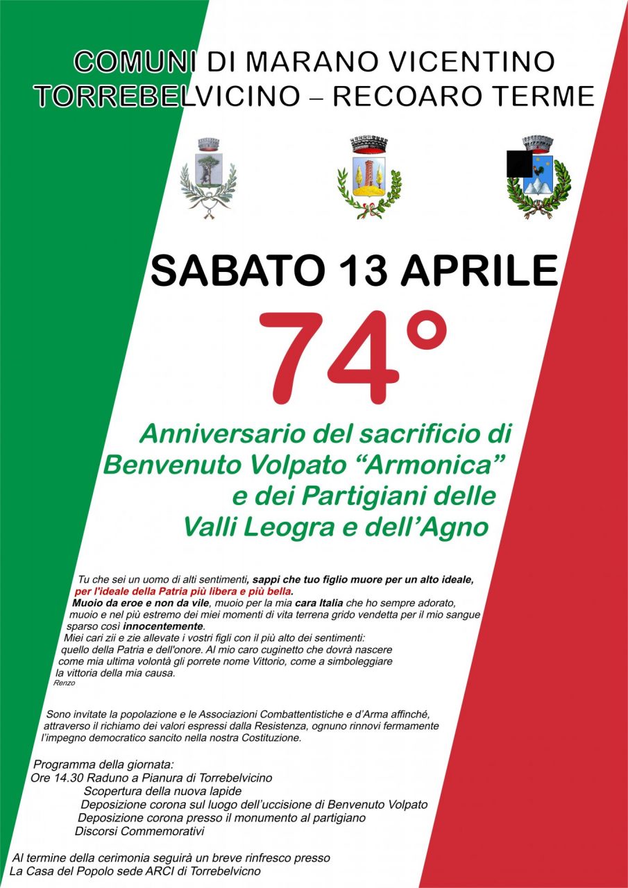 74esimo anniversario del sacrificio di Benvenuto Volpato “Armonica” e dei partigiani