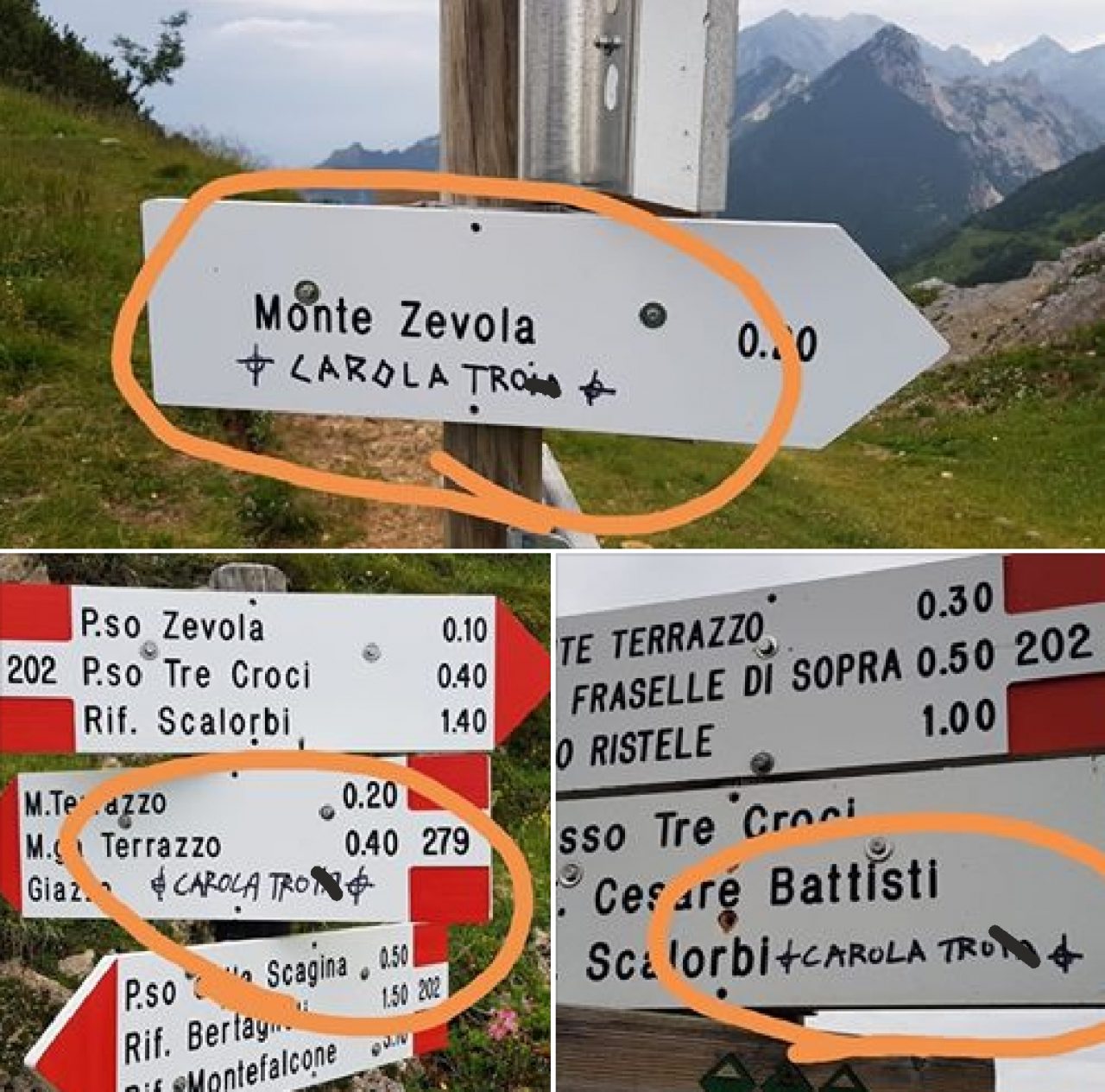 “Carola t***a” con due croci celtiche: scritte offensive sui cartelli a cima Carega