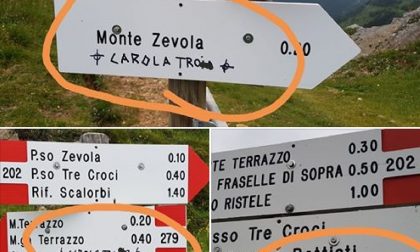 “Carola t***a” con due croci celtiche: scritte offensive sui cartelli a cima Carega
