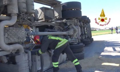 Si rovescia in una rotatoria camion carico di mangime