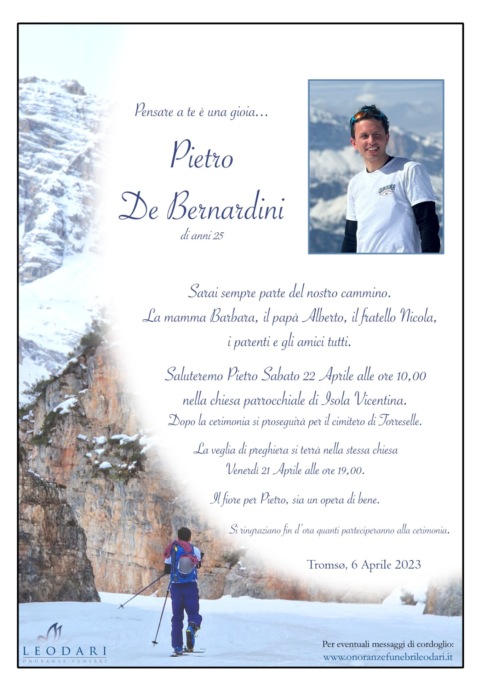 Domani l’addio a Pietro De Bernardini: è la seconda vittima della valanga in Norvegia