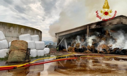 Inferno di fuoco in un deposito agricolo a Pozzoleone: in fumo migliaia di rotoballe e quintali di foraggio