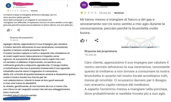 Recensioni contro gay e disabili, le somiglianze tra il caso Pedretti e quello di una bruschetteria vicentina nel 2022