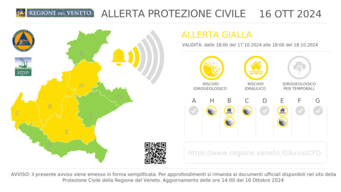 Allerta gialla in Veneto: piogge intense a Vicenza e in provincia, criticità idrogeologica e idraulica