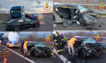 Renault Megane disintegrata in un incidente sull'A31 con altre due auto e un mezzo pesante