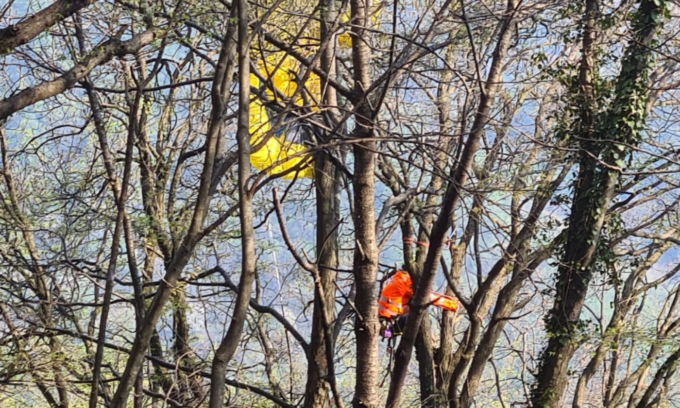 Sfortunato atterraggio con il parapendio a Bassano del Grappa, resta impigliata su un albero