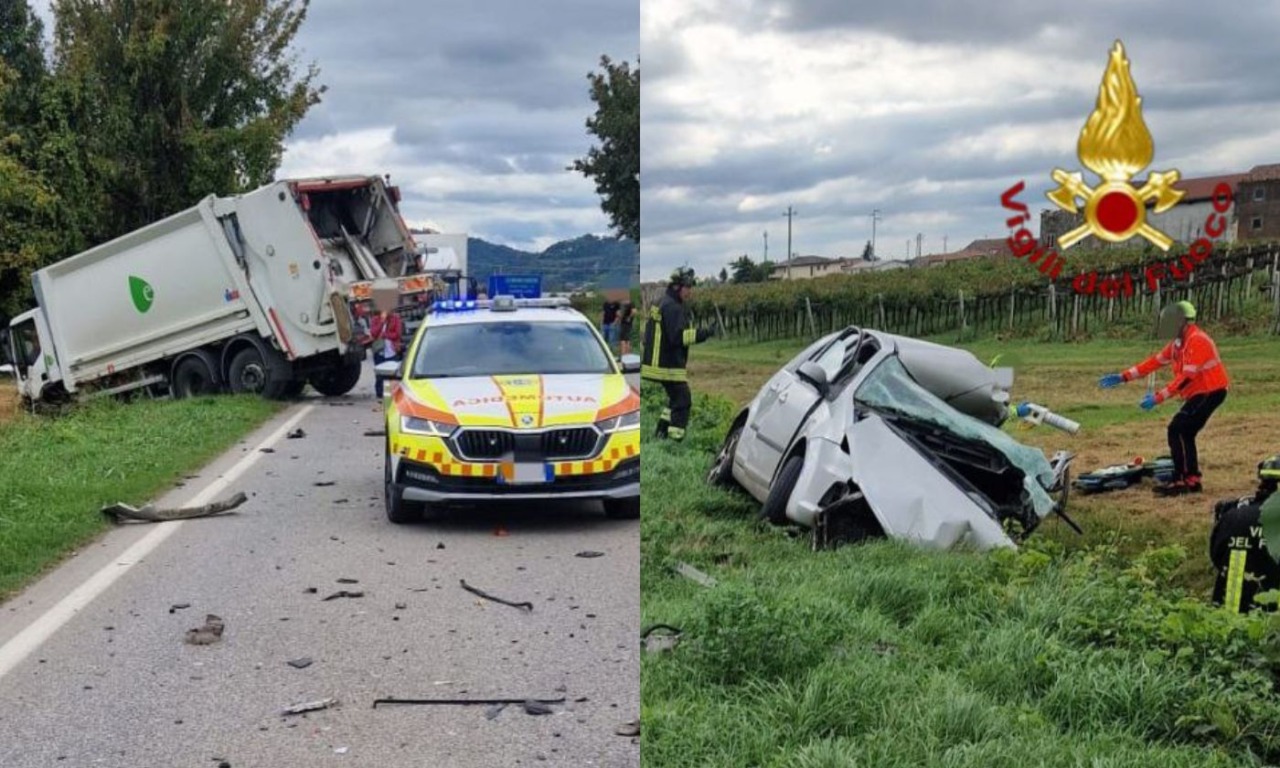 Schianto tra due auto e un camion dei rifiuti a Lonigo, un ferito portato in ospedale con l’elisoccorso