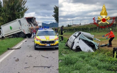 Schianto tra due auto e un camion dei rifiuti a Lonigo, un ferito portato in ospedale con l’elisoccorso