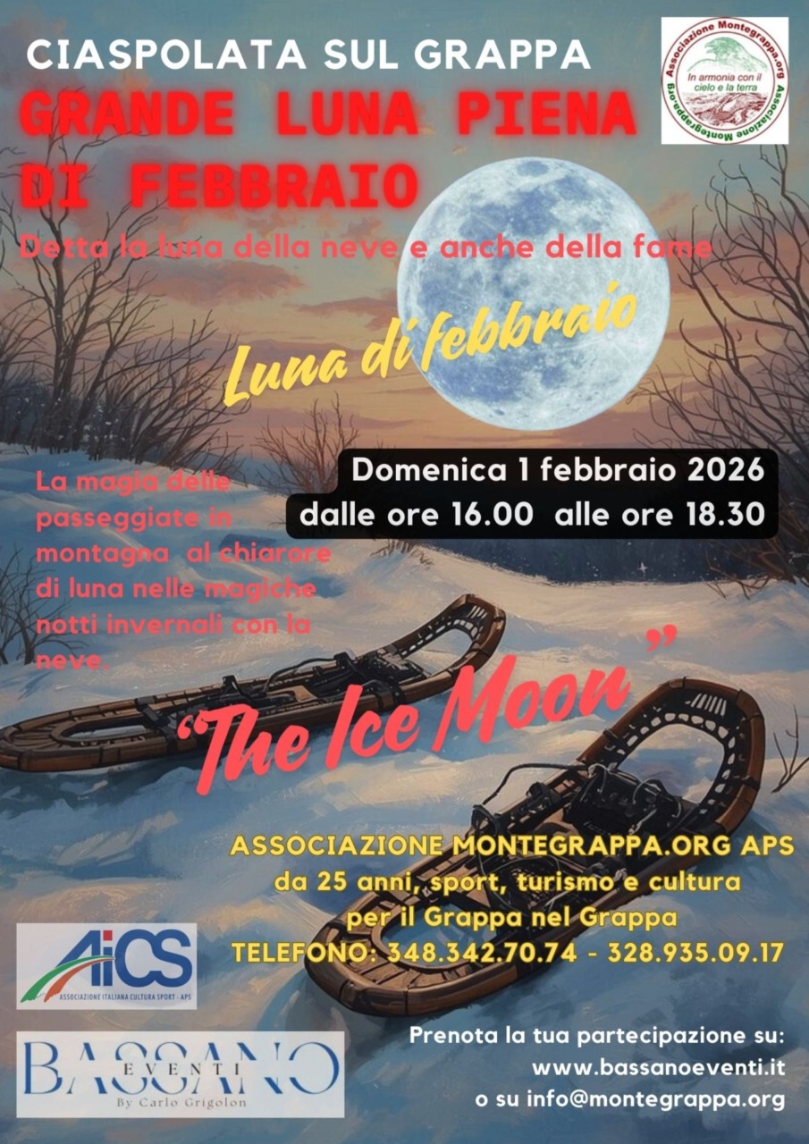Ciaspolata 1 febbraio 2026 con la luna piena in Grappa 